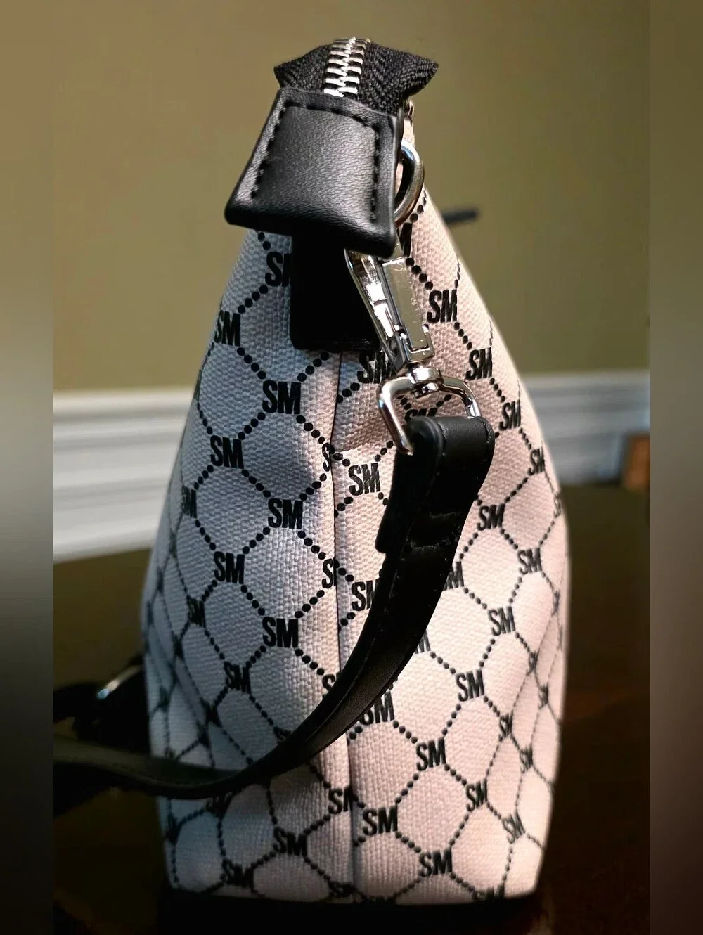 Steve Madden Beige Black SM Monogram Zip Crossbody Bag